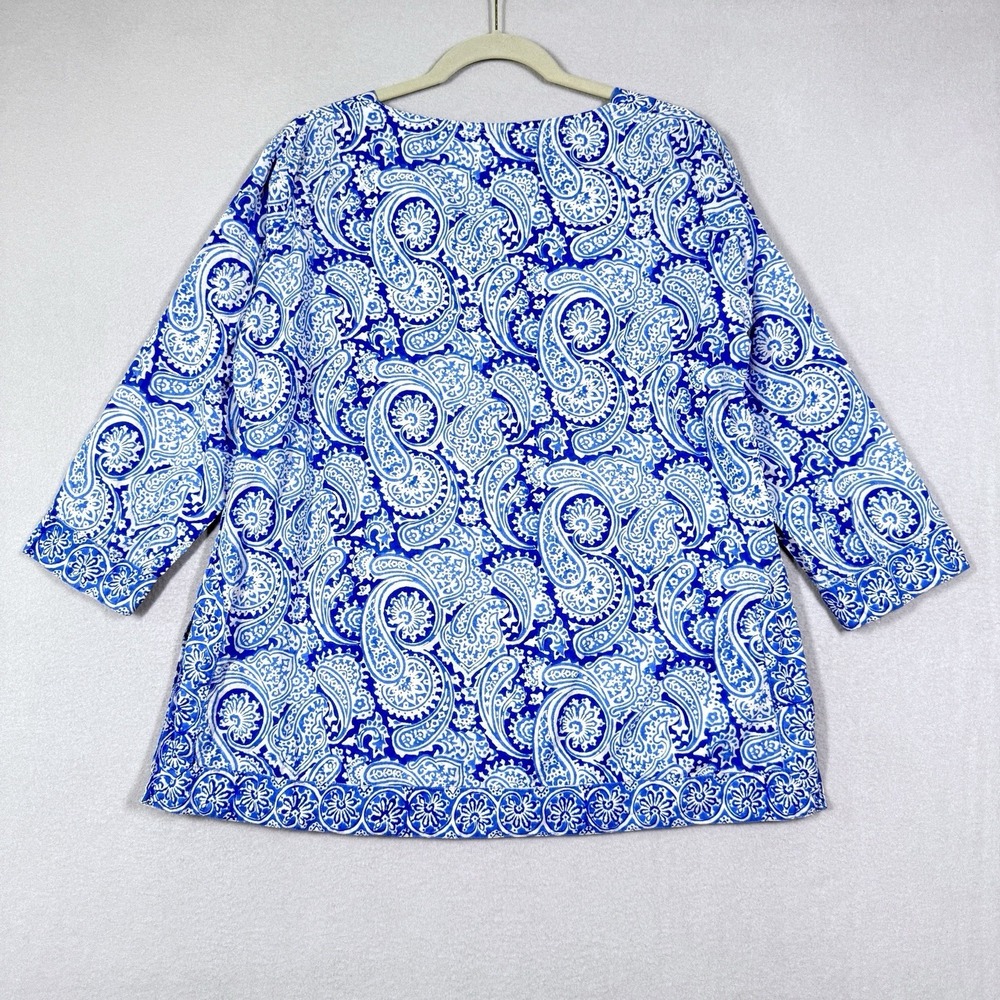 Gretchen Scott Top Womens Large Blue Paisley Tunic Resortwear Coastal V Neck - Picture 6 of 14